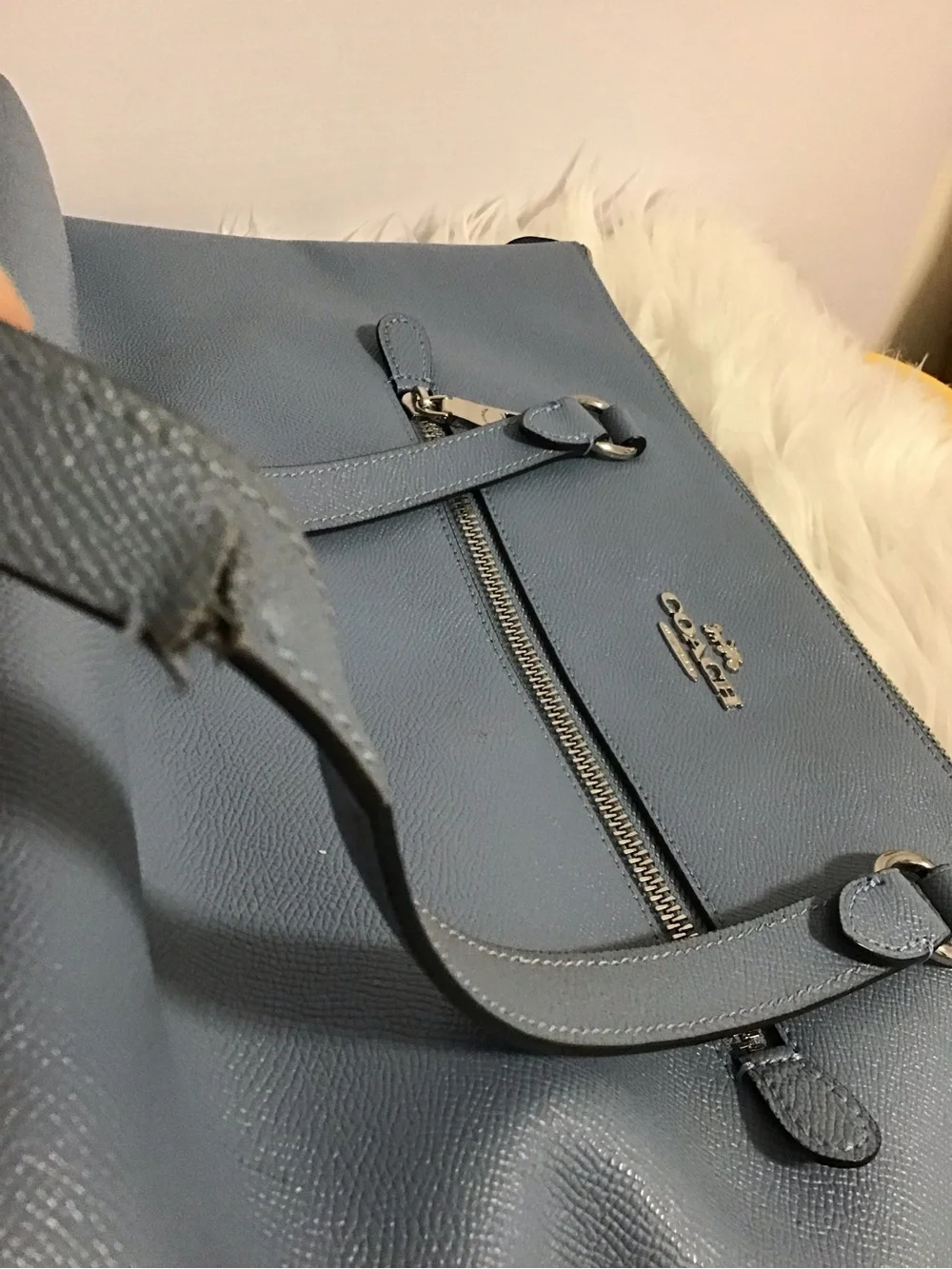 Coach Slate Blue Leather Zip-Top Tote can fit laptop 13”
